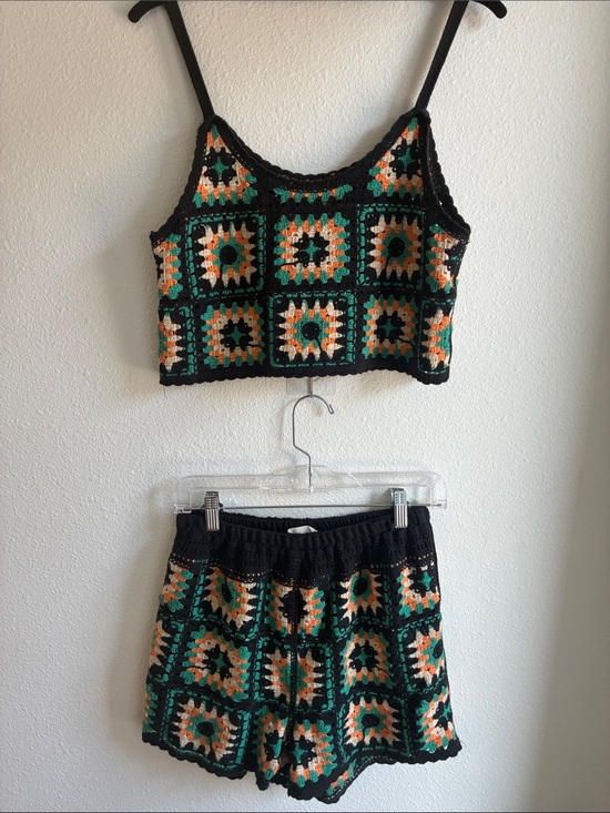 new in Pants - Crochet Crop top and Shorts with Green & Orange Floral Square